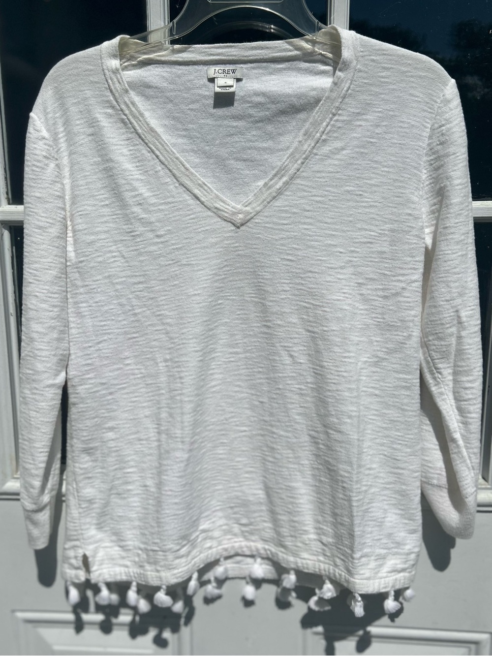 J.Crew White Tassel Hem V-Neck Top Size S Boho Coastal Beachy Minimalist